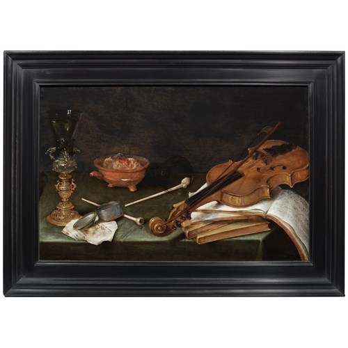 Still Life with Smoking Implements, a gilt Glass Holder, a Violin and a pile of Books: The Five Senses.